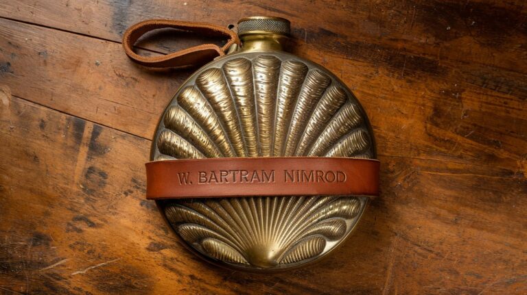 w. bartram nimrod repousse shell motif gun powder flask